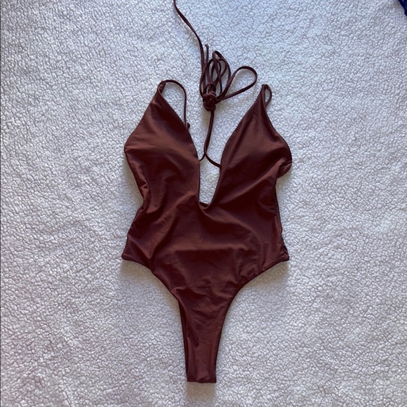 Chic Brown One Piece Swimsuit with Textured Fabric - Picture 1 of 7